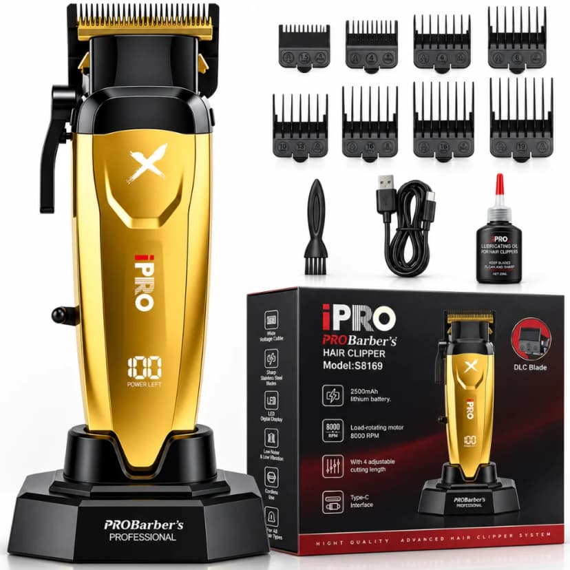 Mașină de Tuns Profesională BIRAI iPRO XBlade, 8000 RPM, Lamă DLC, 2500 mAh, Gold
