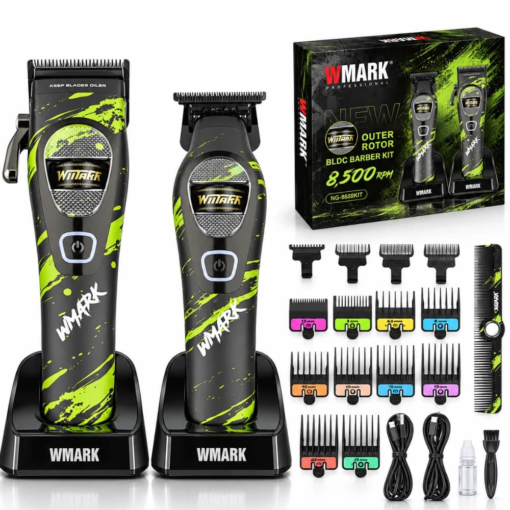 Set Mașină de Tuns și Trimmer BIRAI WMARK NG-B868KIT, BLDC 8500 RPM, 2 Baze, Negru-Verde — imaginea 1