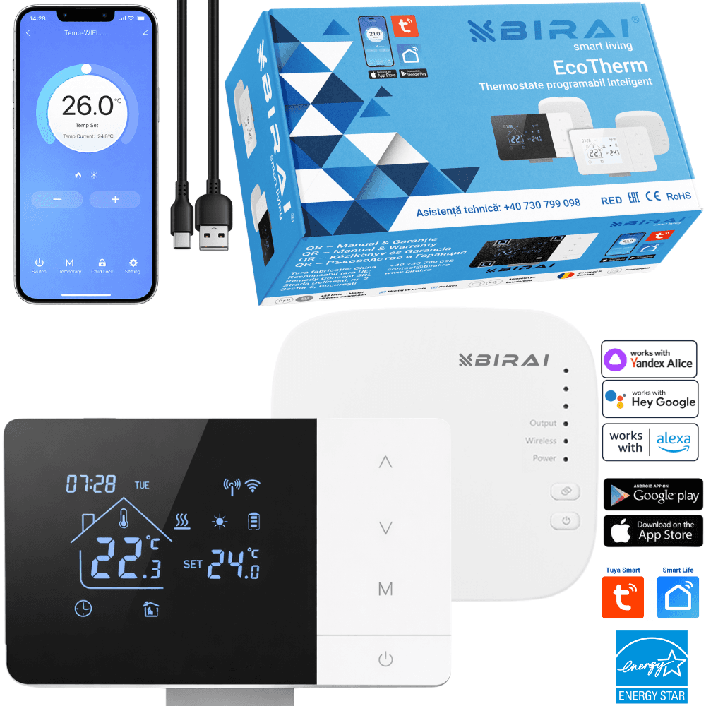 Termostat inteligent BIRAI EcoTherm WiFi cu receiver inclus, histerezis reglabil 0,5°C, negru — imaginea 1