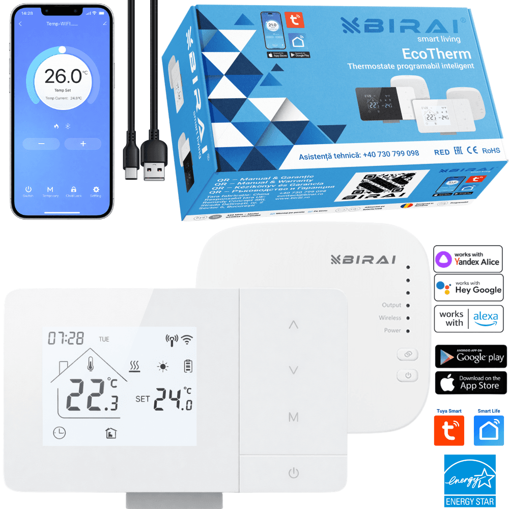 Termostat inteligent BIRAI EcoTherm WiFi cu receiver inclus, histerezis reglabil 0,5°C, alb