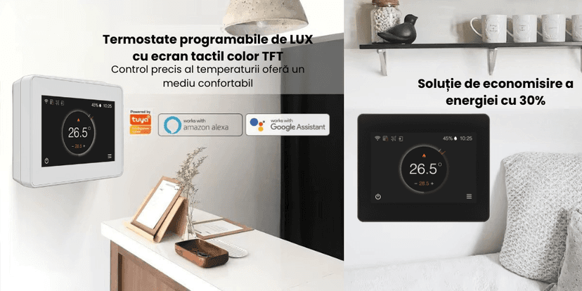 Termostat inteligent BIRAI® FLC programabil cu ecran tactil TFT color, compatibil cu Alexa, Google Assistant și aplicația Tuya, soluție de economisire a energiei cu 30%.