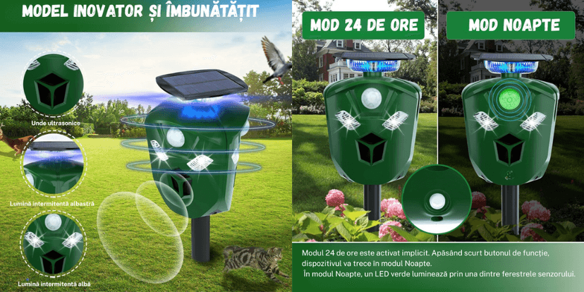 Dispozitiv solar cu ultrasunete BIRAI BR07, model inovator, cu mod zi/noapte, LED intermitent și protecție 360° împotriva animalelor nedorite