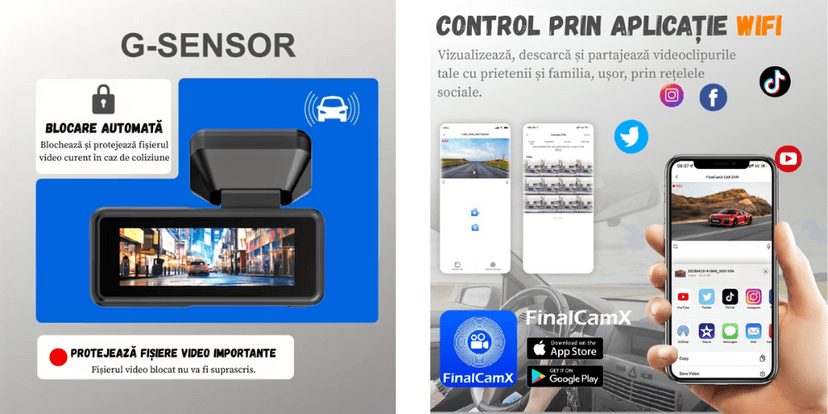 Camera auto BIRAI® RoadPro A215 protejeaza automat fisierele video in caz de coliziune – functia inteligenta G-Sensor.
