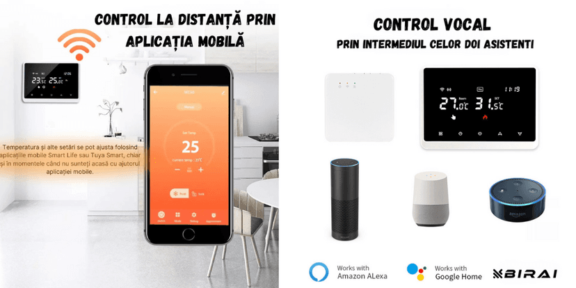 Termostat și aplicație mobilă pentru reglarea temperaturii, alături de dispozitive de control vocal