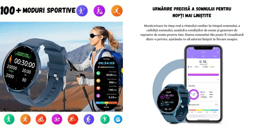 Ceas smartwatch albastru cu ecrane pentru activități sportive și aplicație mobilă