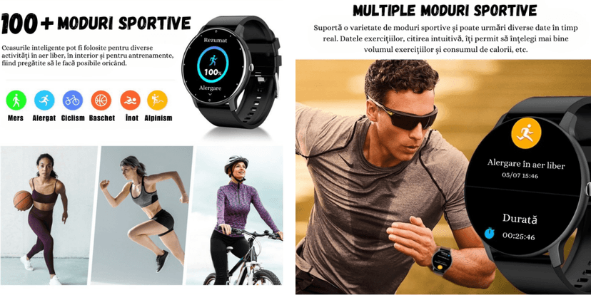 Ceas inteligent sport cu peste 100 moduri de antrenament, monitorizare activități fitness și funcții multiple pentru alergare, ciclism, înot și alpinism.