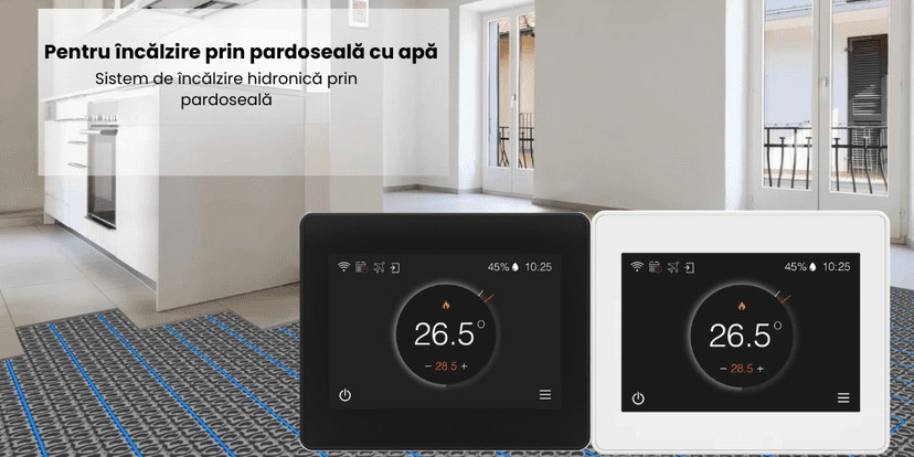 Termostat inteligent BIRAI® FLC pentru încălzire prin pardoseală cu apă, sistem de control hidronic, afișaj digital modern, modele alb și negru.