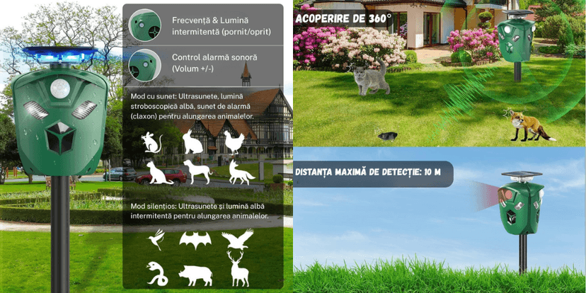 Dispozitiv anti-daunatori cu ultrasunete BIRAI BR07, acoperire 360°, lumina stroboscopica si alarma sonora reglabila, eficient impotriva animalelor salbatice si domestice