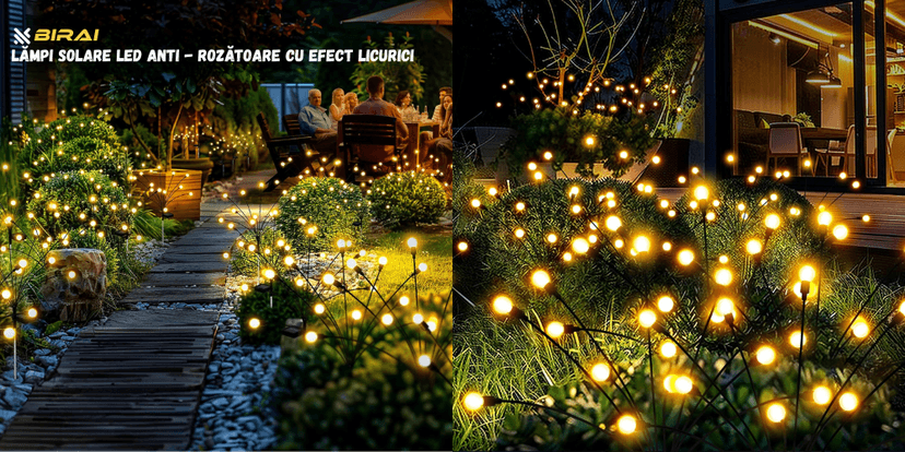 Lămpi solare LED BIRAI cu efect licurici, iluminând alei și grădini decorative, ideale pentru protecție anti-rozătoare și atmosferă relaxantă.