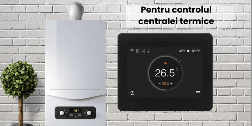 Termostat inteligent BIRAI® FLC compatibil centrale termice, control digital al temperaturii, afișaj modern, reglare eficientă a încălzirii.