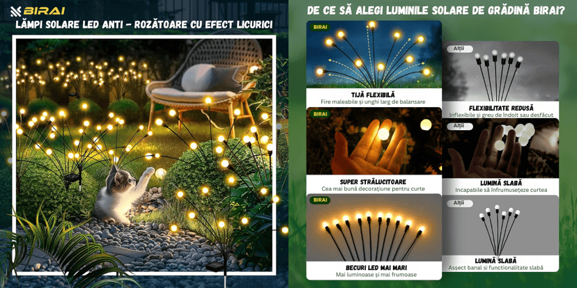 Lămpi solare LED BIRAI anti-rozătoare cu efect licurici – tije flexibile, lumină puternică, design decorativ pentru grădină.