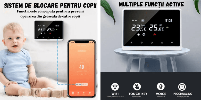 Ecran de termostat cu funcție de blocare a comenzilor, ilustrat lângă un copil