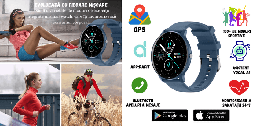 Ceas smartwatch albastru și exemple de funcții pentru activități sportive
