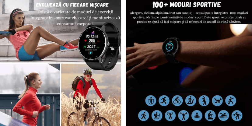 Ceas inteligent UltraSmart cu peste 100 moduri sportive, monitorizare exerciții și consum caloric, design modern, activități fitness variate.
