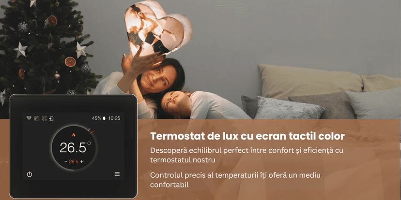 Termostat inteligent BIRAI® FLC cu ecran tactil color, control prin aplicația Tuya, compatibil Alexa și Google Home, afișaj temperatură, imagine mamă și copil relaxându-se în dormitor decorat cu brad de Crăciun.