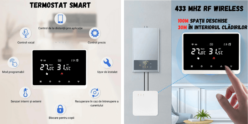 Termostat negru cu receptor wireless și diagramă de comunicare radio