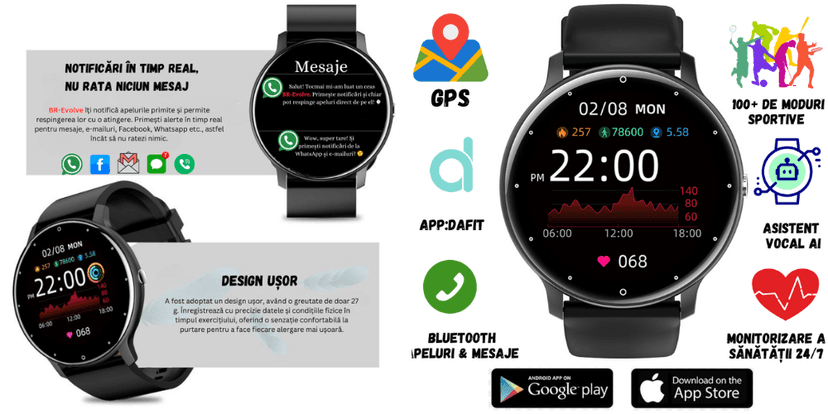 Ceas inteligent UltraSmart cu notificări mesaje în timp real, GPS, monitorizare sănătate 24/7, asistent vocal AI, peste 100 moduri sportive și aplicație DaFit.