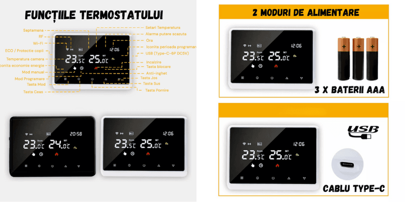 Ecranele termostatului și opțiunile de alimentare cu baterii sau cablu USB