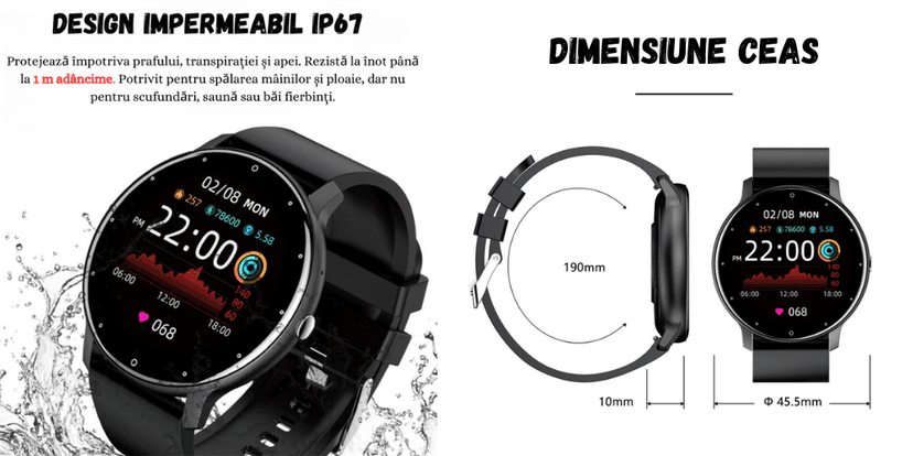 Ceas inteligent UltraSmart design impermeabil IP67, rezistent la apă și praf, dimensiuni 45.5mm, 190mm lungime curea.