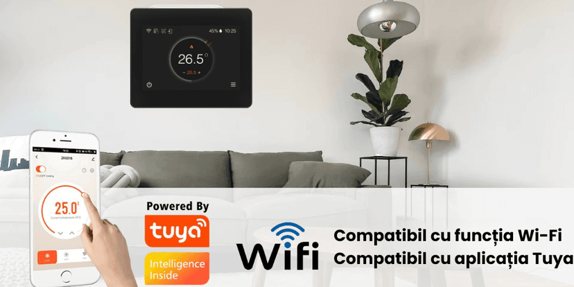 Termostat inteligent BIRAI® FLC cu WiFi, control prin aplicația Tuya Smart, afișaj digital modern, compatibil smartphone, reglare temperatură de la distanță.