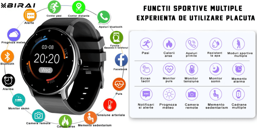 Ceas inteligent UltraSmart cu funcții multiple, monitorizare pași, calorii, puls, tensiune, somn, notificări și rezistență la apă.