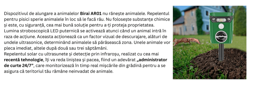Dispozitiv anti animale Birai AR01 cu ultrasunete și LED stroboscopic, funcționare automată 24/7, sigur pentru pisici și câini.