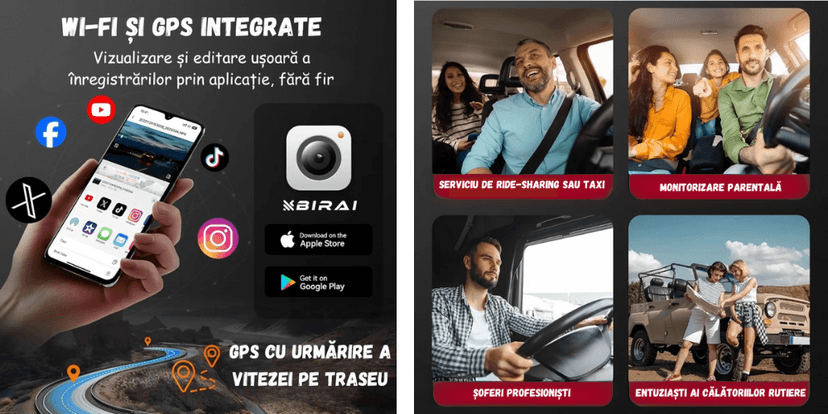 camera auto BIRAI RoadPro A215 4K WiFi cu GPS si aplicatie mobila