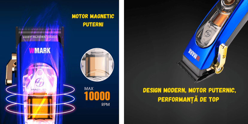 Mașină de tuns profesională albastră cu motor magnetic puternic 10.000 RPM, lame din titan, design modern și afișaj LED, ideală pentru frizerii și saloane