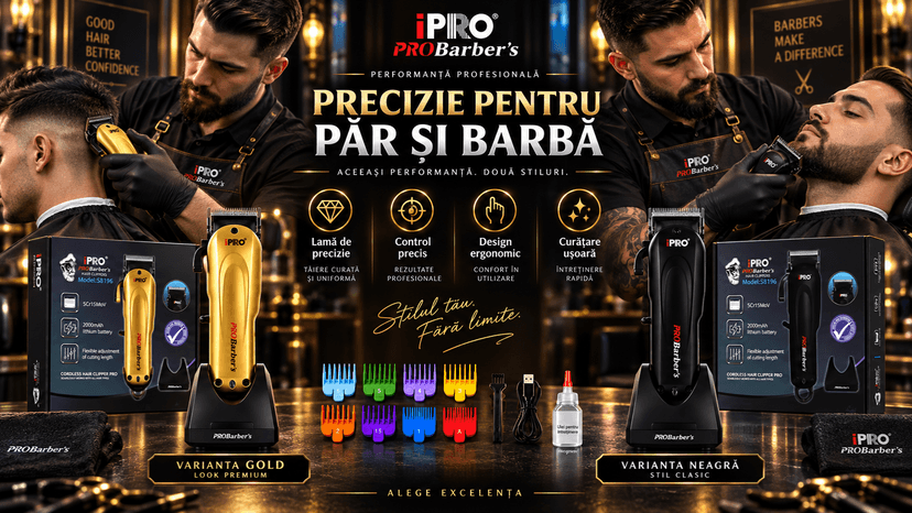 Mașină de tuns profesională BIRAI iPRO Barber's S8196 negru, 7000 RPM, levier reglabil, 8 piepteni