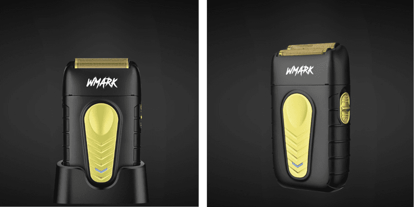 Aparat de ras electric profesional WMARK Supreme, design negru cu detalii galbene, vizualizat din față și lateral.