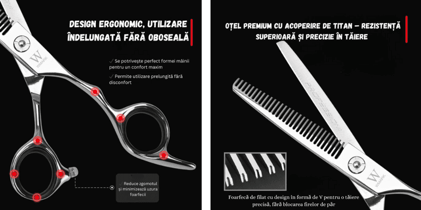 Foarfeci profesionale WMARK BIRAI, design ergonomic pentru utilizare îndelungată, oțel cu acoperire de titan, precizie în tăiere și filat.