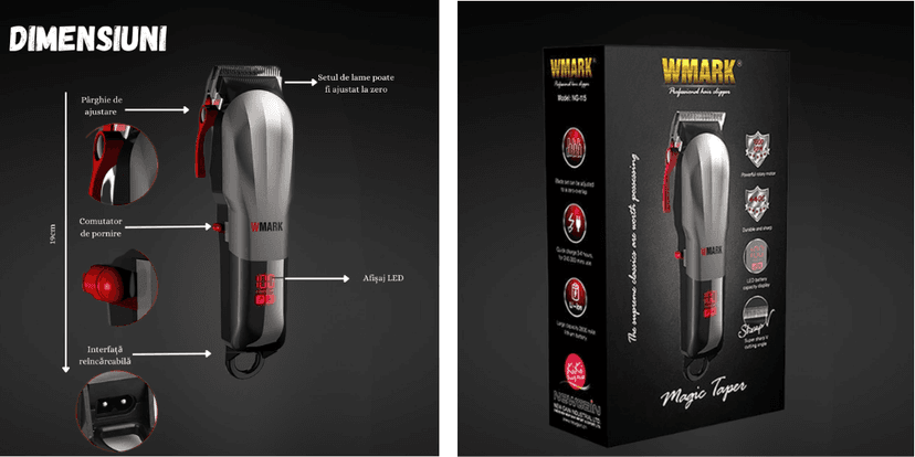 Mașină de tuns profesională WMARK Prestige by BIRAI®, motor 7000 RPM, lame titan detașabile, afișaj LED, încărcare USB rapidă, rezistentă la apă