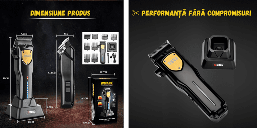 Mașină de tuns profesională WMARK Sonic cu dimensiuni produs prezentate și performanță fără compromisuri, motor 7000 RPM, lame titan și afișaj LED.