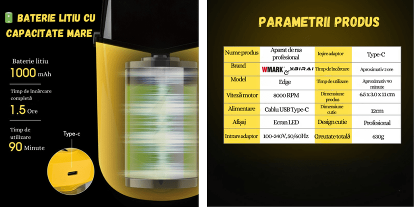 Aparat de ras electric WMARK Edge galben cu motor puternic 8000 RPM și accesorii incluse: cablu USB, perie curățare, cutie ambalaj