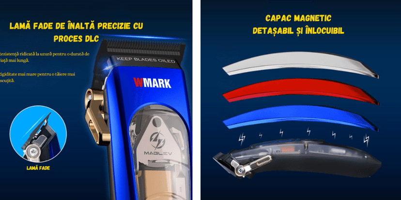 Mașină de tuns profesională WMARK cu lamă fade de precizie DLC și capace magnetice detașabile.