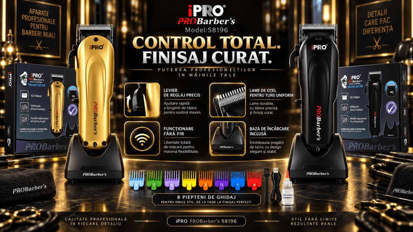 Mașină de tuns profesională BIRAI iPRO Barber's S8196 negru, 7000 RPM, levier reglabil, 8 piepteni