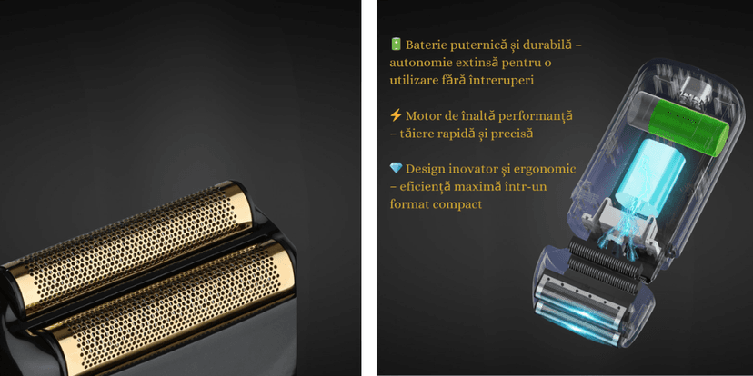 Detalii aparat de ras electric WMARK Supreme, lame aurii de precizie, baterie performantă, motor puternic și design ergonomic transparent.