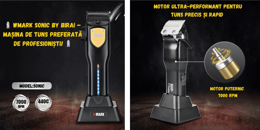 Mașină de tuns profesională WMARK Sonic, motor 7000 RPM, lame titan oțel, afișaj LED, stand încărcare rapidă USB, design ergonomic pentru frizerii și saloane.
