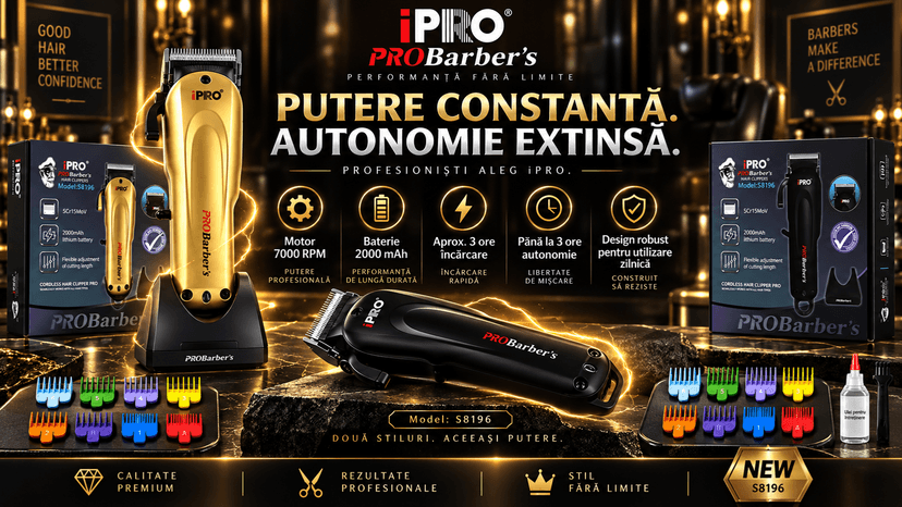 Mașină de tuns profesională BIRAI iPRO Barber's S8196 negru, 7000 RPM, levier reglabil, 8 piepteni