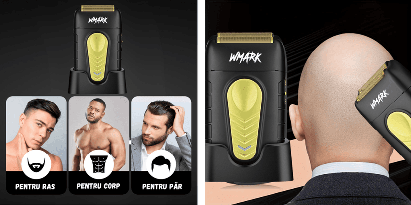 Aparat de ras electric WMARK Supreme utilizat pentru barbierit, tunderea părului corporal și rasul scalpului, prezentare produs și exemple de utilizare.