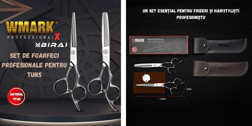 Set profesional foarfece de tuns și filat WMARK by BIRAI®, oțel japonez 440C, design ergonomic, accesorii incluse, ideal pentru frizeri și saloane.