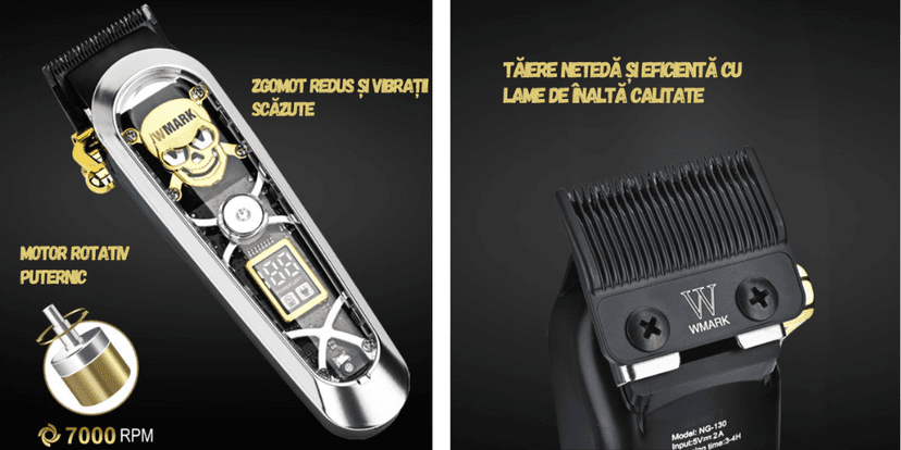 Mașină de Tuns Profesională WMARK Elite cu motor puternic de 7000 RPM, lame din oțel și titan, afișaj LED, design ergonomic, zgomot redus și tăiere precisă.