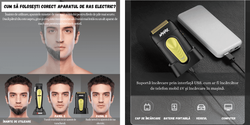 Instrucțiuni folosire aparat de ras electric WMARK Supreme, pași pentru barbierit corect și imagine cu încărcare USB prin power bank sau computer.