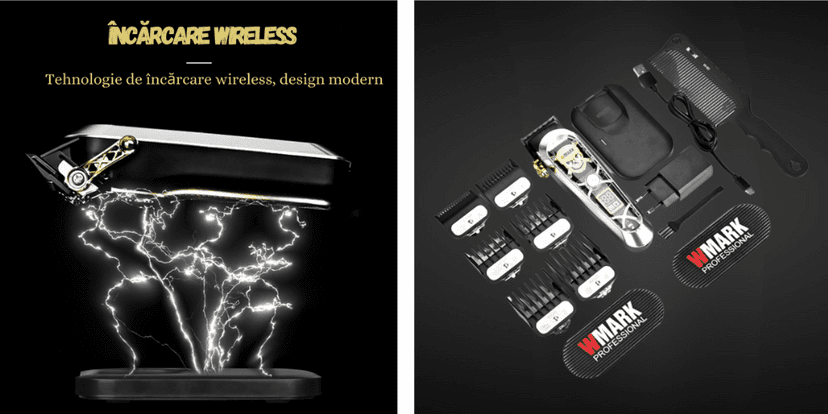 Mașină de tuns profesională WMARK Elite cu tehnologie de încărcare wireless rapidă, design modern și kit complet de accesorii.