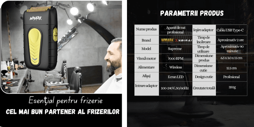 Aparat de ras electric WMARK Supreme în frizerie, prezentare vizuală și tabel cu parametri tehnici: viteză motor, alimentare wireless, timp utilizare, dimensiuni și greutate.