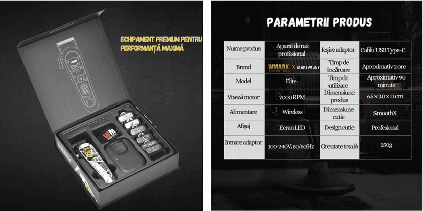 Mașină de tuns profesională WMARK Elite cu set complet de accesorii, ambalaj premium și specificații tehnice detaliate.