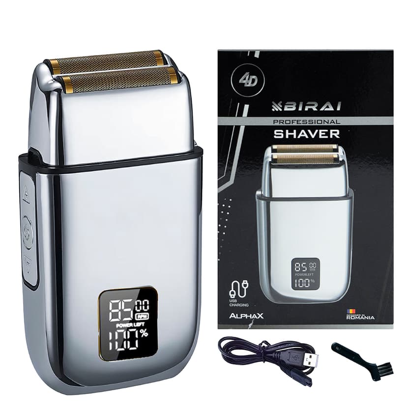 Aparat de Ras Electric Profesional BIRAI AlphaX 4D, 8500 RPM, 3 Viteze, Waterproof, LCD, USB, Umed/Uscat, Argintiu
