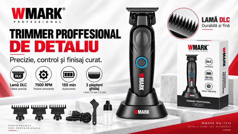 Trimmer profesional BIRAI WMARK NG-7212 negru, 7500 RPM, lamă DLC, bază de încărcare