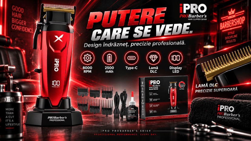 Mașină de tuns profesională BIRAI iPRO XBlade roșu, 8000 RPM, lamă DLC, levier reglabil
