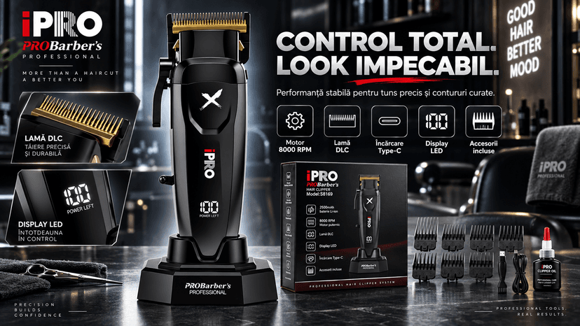 Mașină de tuns profesională BIRAI iPRO XBlade negru, 8000 RPM, lamă DLC, levier reglabil